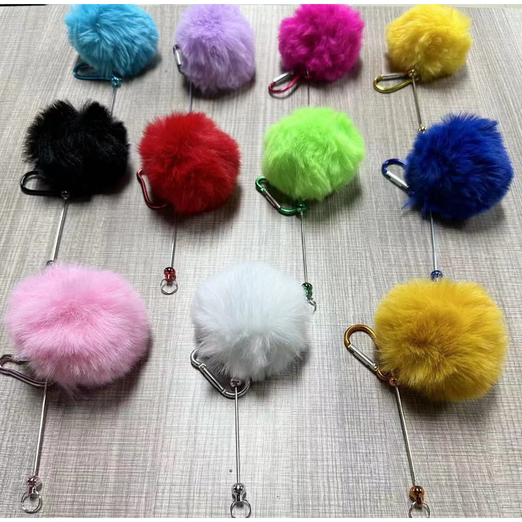 Beadable Carabiner Keychain with 8CM Fluffy Pom Pom Balls, Metal Bar Snap Ring Keyring, Random Mix