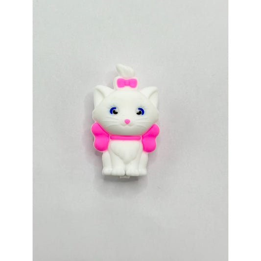 Cute Cat 3D White with Pink Bowknot Silicone Focal Beads