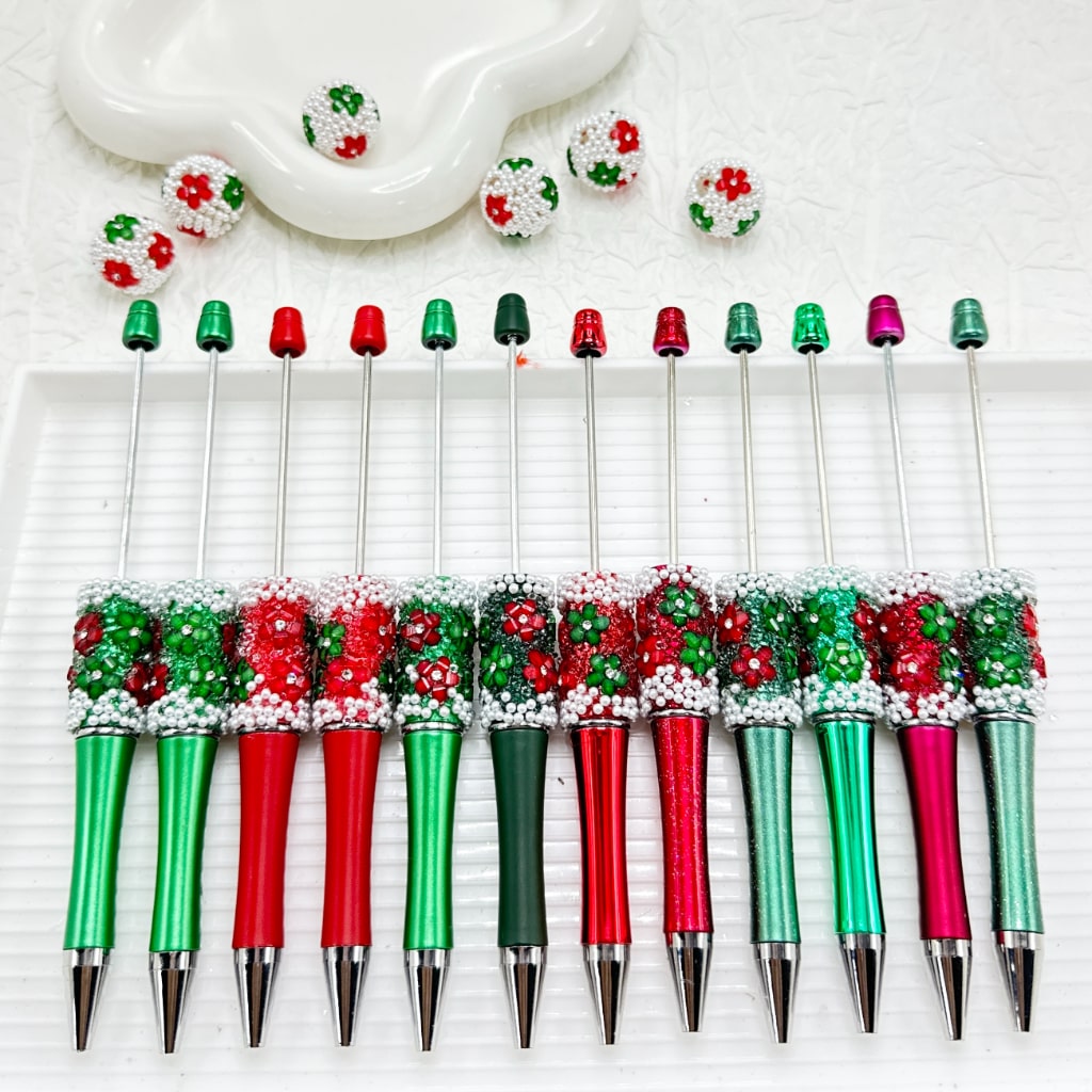 Clear Rhinestone Inside White Pearl with DIY Christmas Red & Green Small Flower Beadable Pen