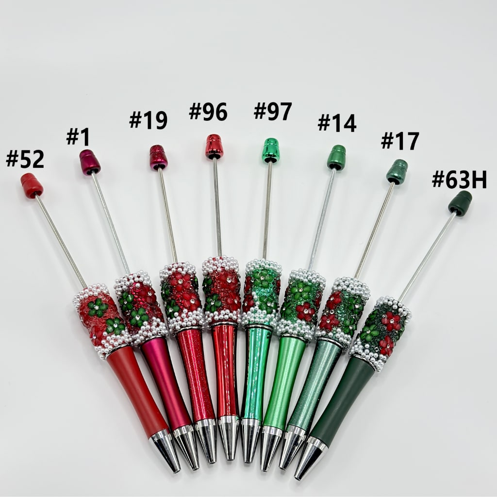 Clear Rhinestone Inside White Pearl with DIY Christmas Red & Green Small Flower Beadable Pen