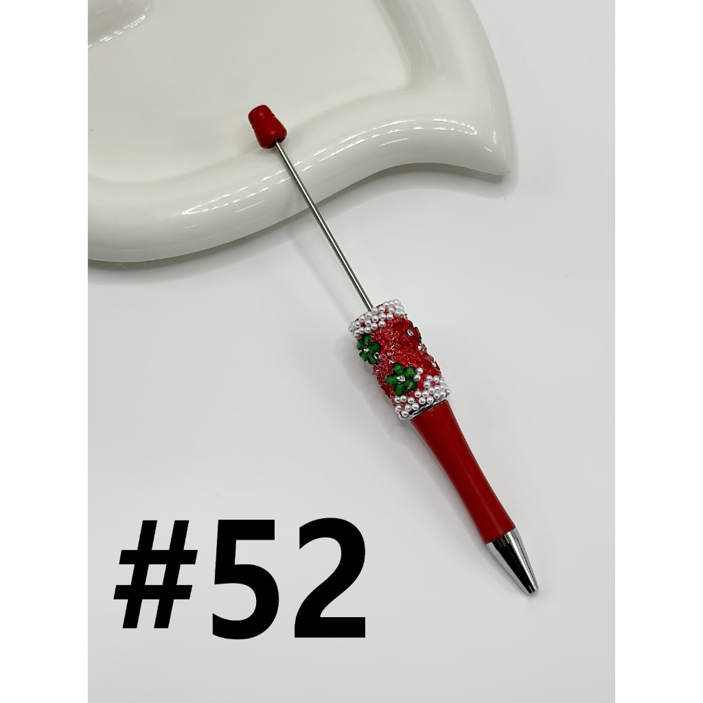 Clear Rhinestone Inside White Pearl with DIY Christmas Red & Green Small Flower Beadable Pen