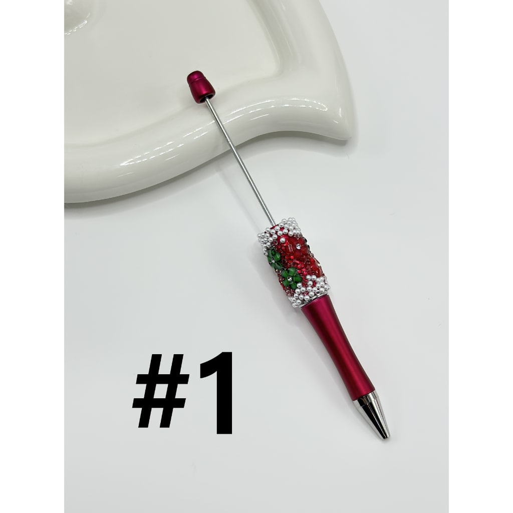 Clear Rhinestone Inside White Pearl with DIY Christmas Red & Green Small Flower Beadable Pen