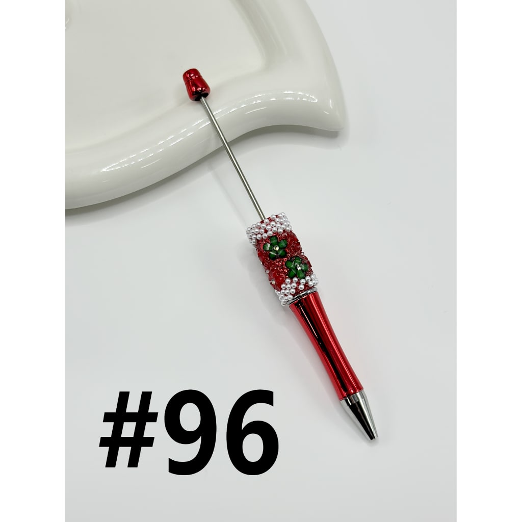 Clear Rhinestone Inside White Pearl with DIY Christmas Red & Green Small Flower Beadable Pen