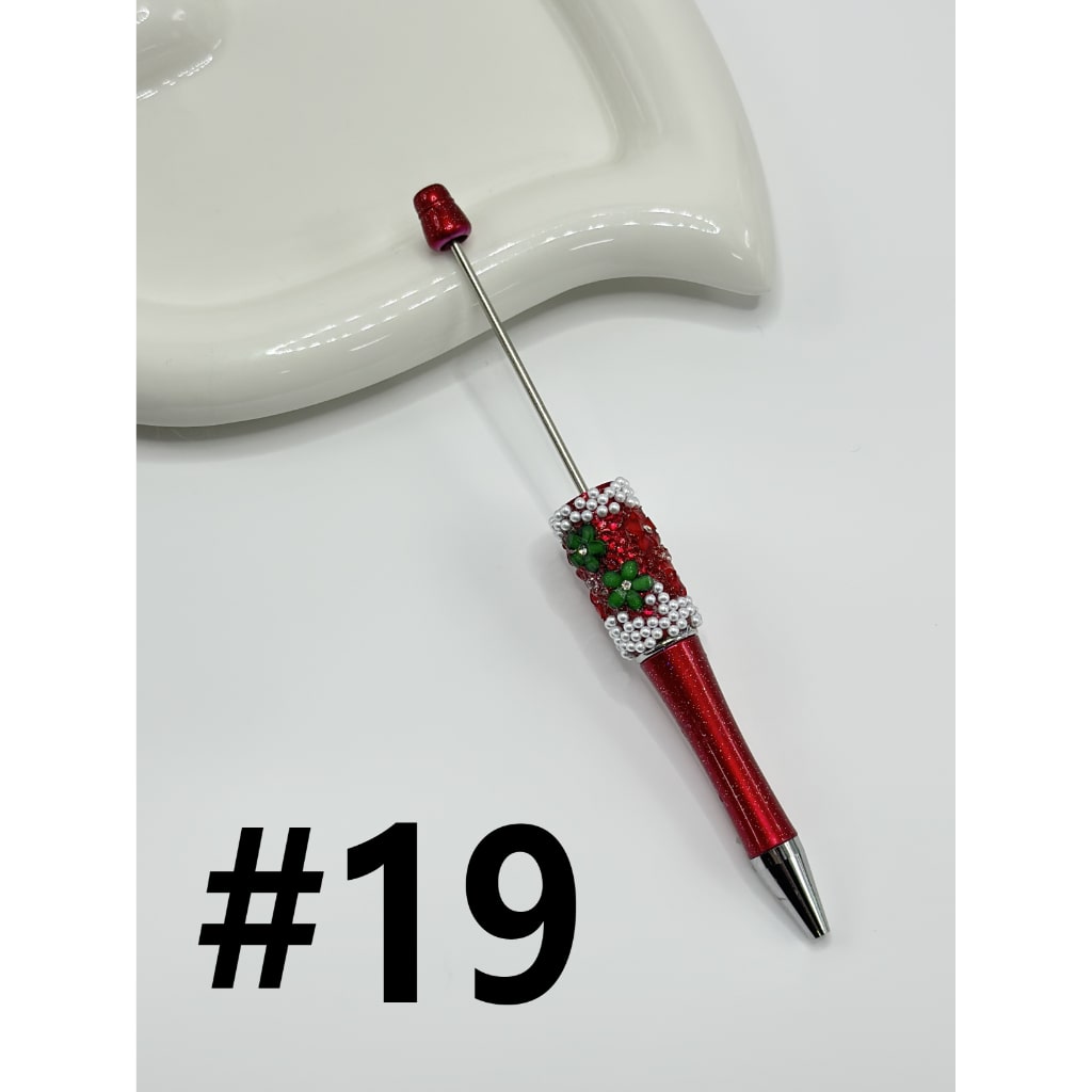 Clear Rhinestone Inside White Pearl with DIY Christmas Red & Green Small Flower Beadable Pen
