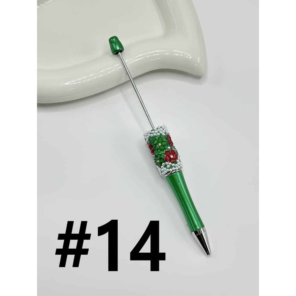Clear Rhinestone Inside White Pearl with DIY Christmas Red & Green Small Flower Beadable Pen