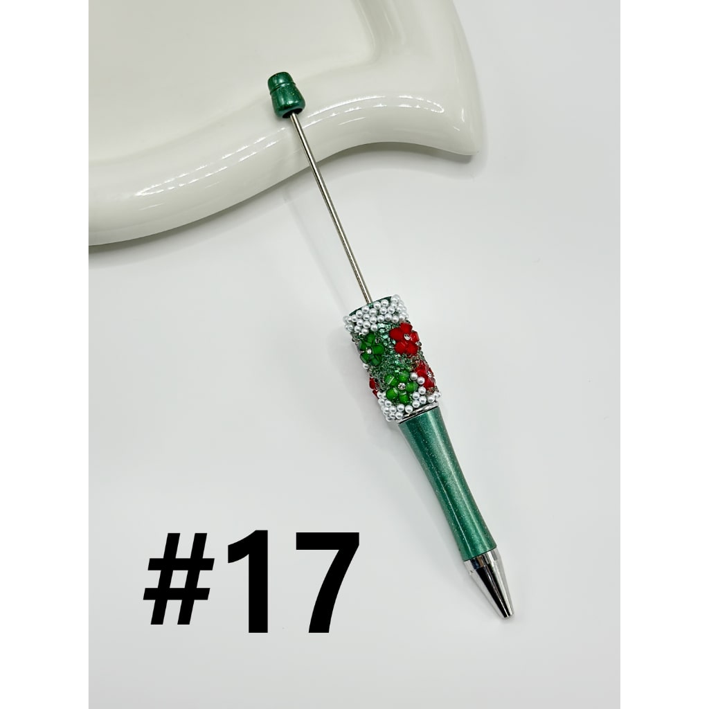 Clear Rhinestone Inside White Pearl with DIY Christmas Red & Green Small Flower Beadable Pen