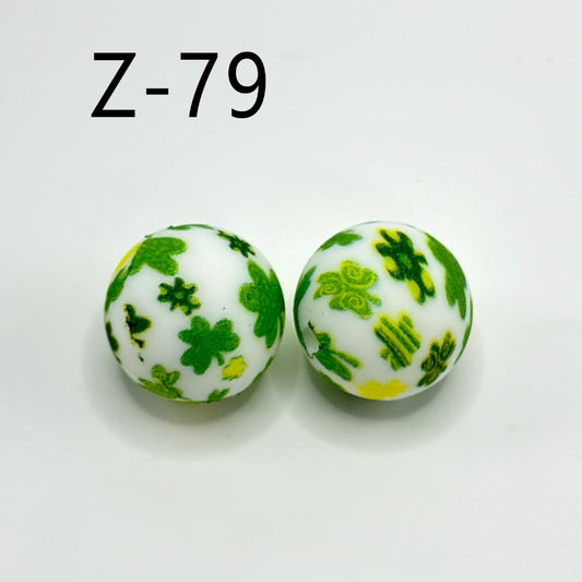 Round Printed Green Tree Leaves Silicone Beads 15mm, Number Z-79