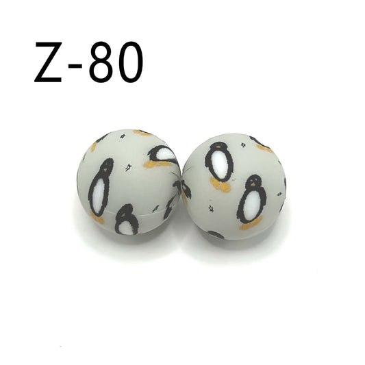Penguin Round Printed Little Cute Silicone Beads 15mm, Number Z-80