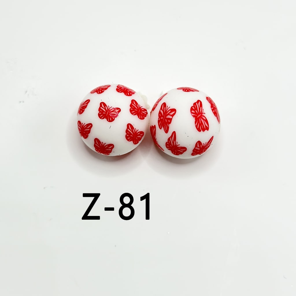 Butterfly Beautiful Red Round Printed Silicone Beads 15mm, Number Z-81