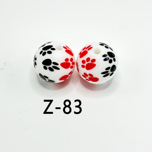 Round Printed Red & Black Paw Print White Silicone Beads 15mm, Number Z-83