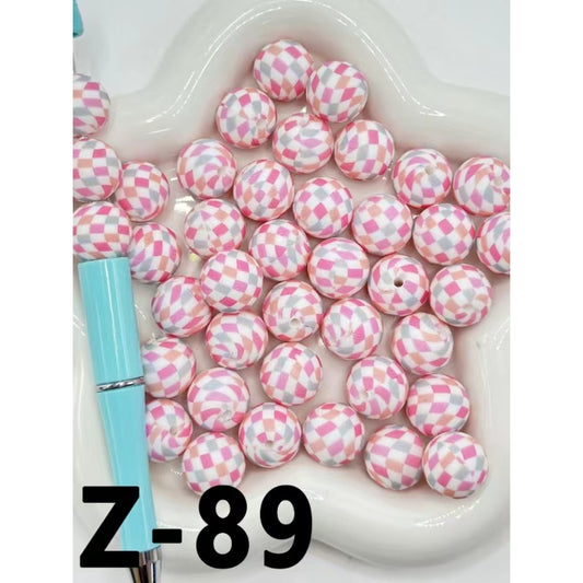 Checkered Round Printed Multi Colors Silicone Beads 15mm, Number Z-89
