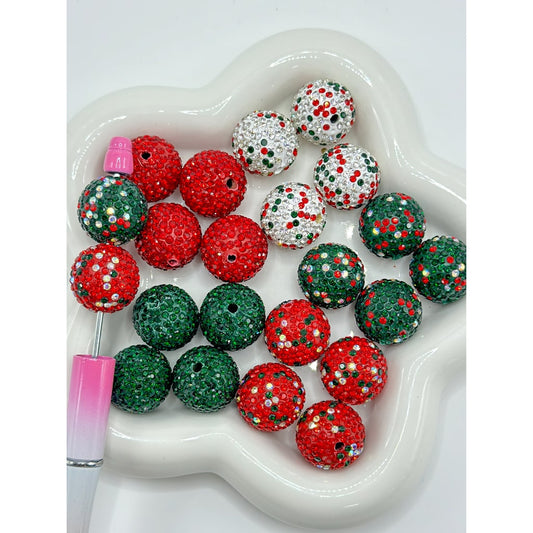 Christmas Round Bling Bling Clay Beads with Rhinestones, 20MM