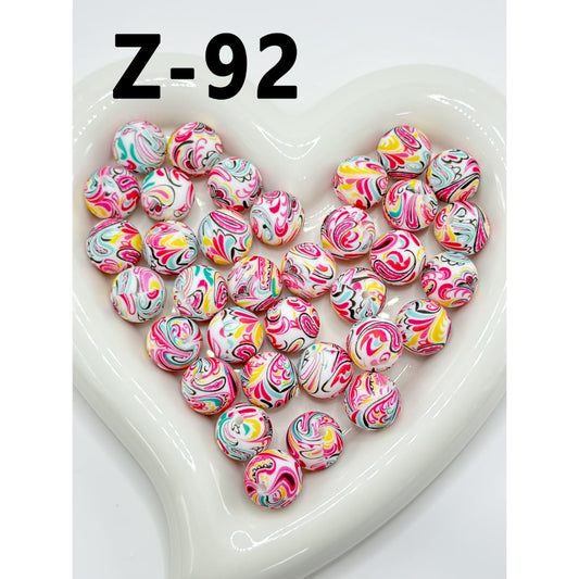 Round Printed Colorful Art Design Silicone Beads 15mm, Number Z-92