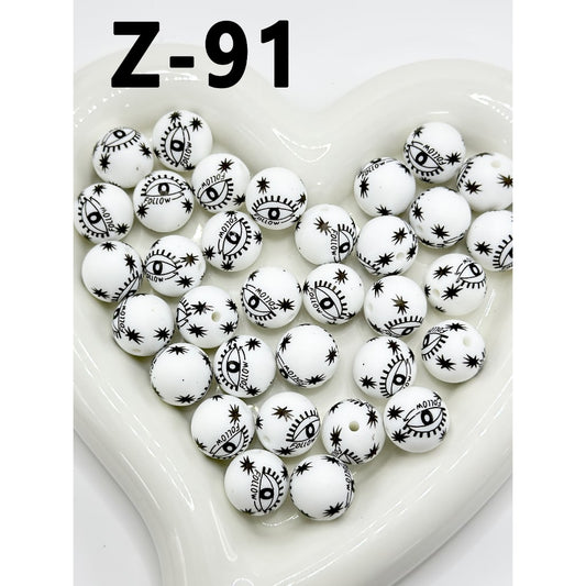 Round Printed Black Big Eyes Follow White Silicone Beads 15mm, Number Z-91