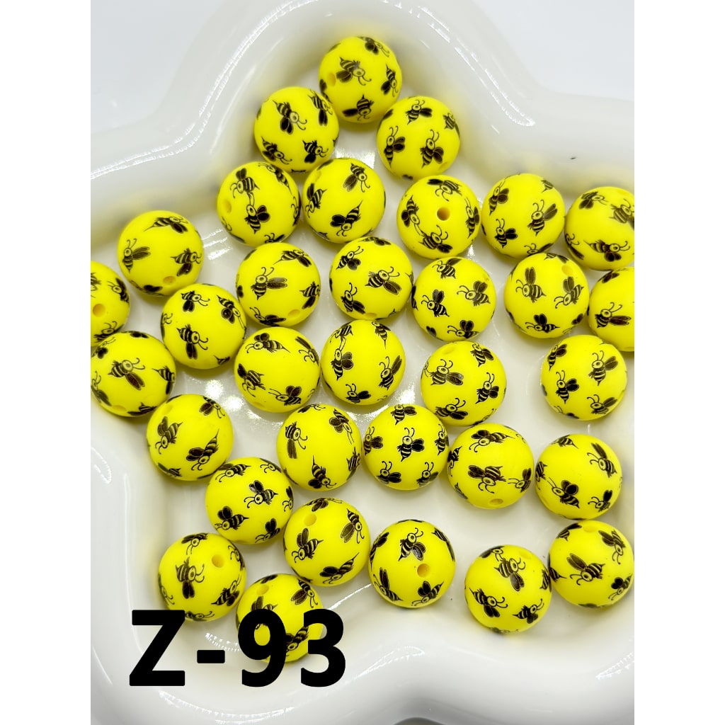 Cute Little Yellow Bee Round Shape Printed Silicone Beads 15mm, Number Z‑93