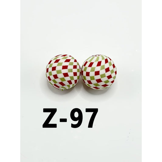 White Round Printed Red Green Checkered Silicone Beads 15mm, Number Z-97