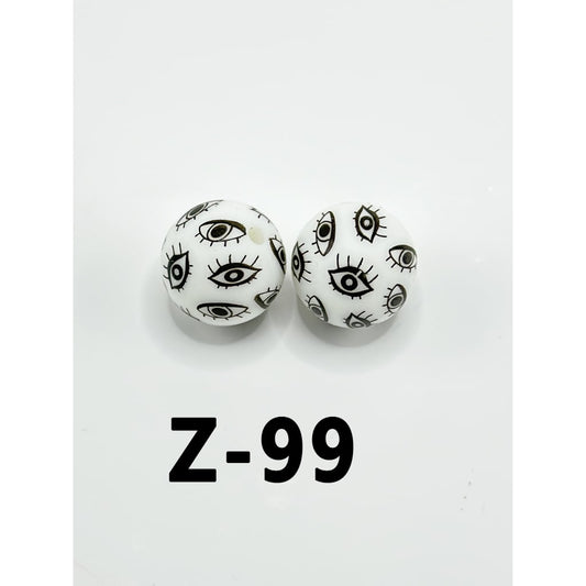 White Round Big Black Eyes Printed Silicone Beads 15mm, Number Z-99
