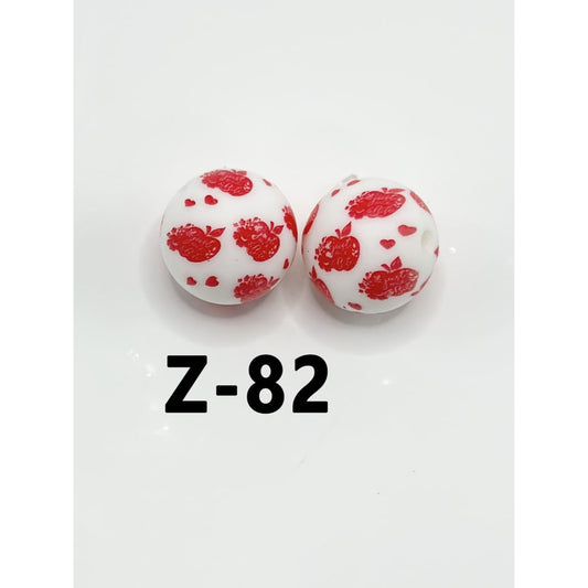 Round Printed Red Apple Heart White Silicone Beads 15mm, Number Z-82