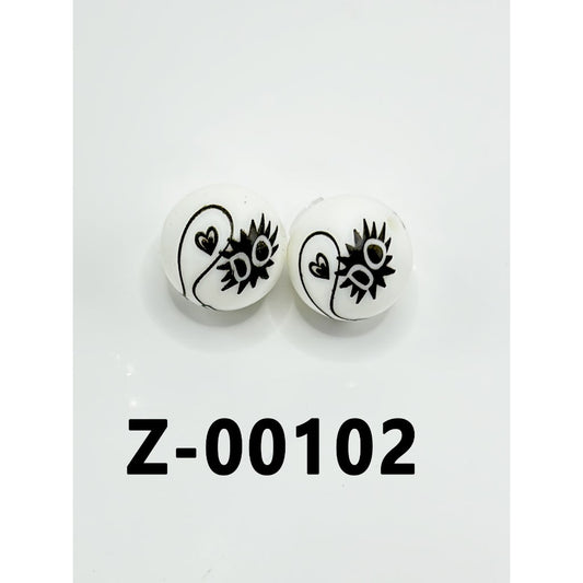 Round Printed Black Sea Urchin Heart Design Silicone Beads 15mm, Number Z-00102