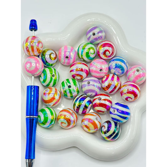 Swirl Spiral Fringes Stripes Round UV Finish Acrylic Beads, Random Mix, 20MM