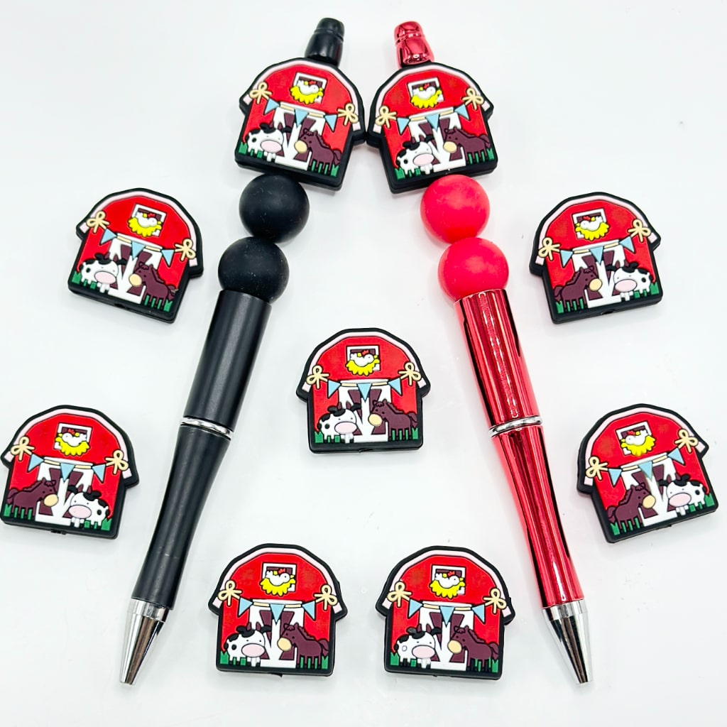 Cute Animals Cow Horse Hen in a Red House Farm Silicone Focal Beads