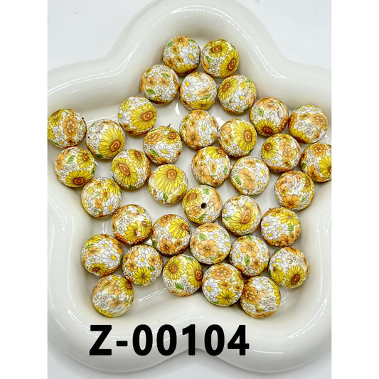 Sun Flower Yellow White Round Printed Silicone Beads 15mm, Number Z-00104