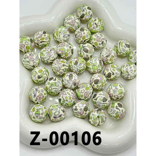 Flowers Mushrooms Hats Rainbow Tree Leaves Round Printed Silicone Beads 15mm, Number Z-00106