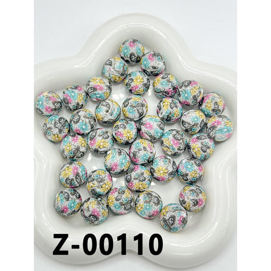 Cow with Flowers, Blue, Red, Yellow, Round Printed Silicone Beads&nbsp; 15mm, Number Z-00110