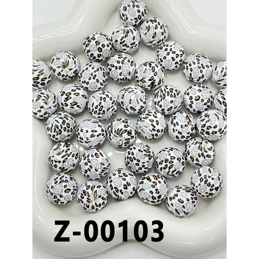 Cute White Round Volleyball Printed Brown Jaguar Leopard Prints Silicone Beads 15mm, Number Z-00103