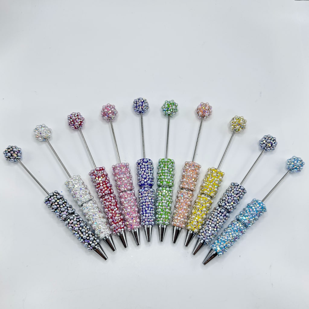 Beadable Clay Pens with AB Color Rhinestones and White Pearls, Covered Entirely, Random Mix