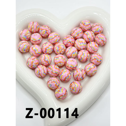 Small Flower Pink Round Printed Silicone Beads, Rainbow Wave, 15mm, Number Z-00114