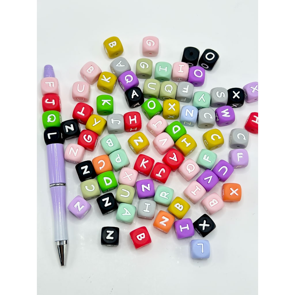 Cube Silicone Beads in Solid Color, Square Letter Beads, 12mm, Random Mix Colors and Letters