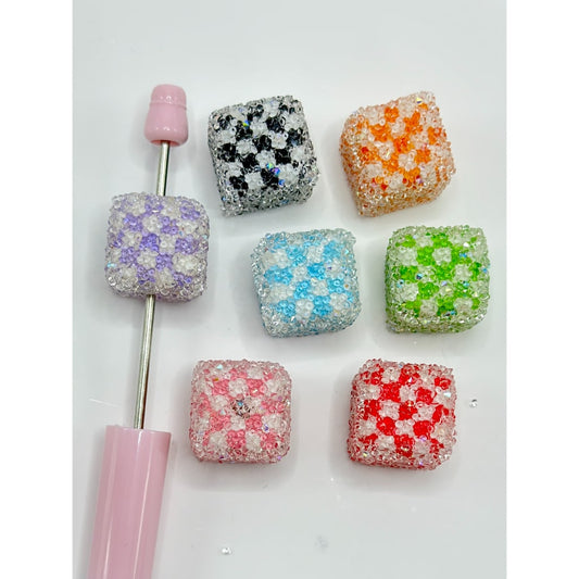 Diagonal Checkered Square Cube Sugar Solid Color Acrylic Beads, Random Mix, Around 18MM