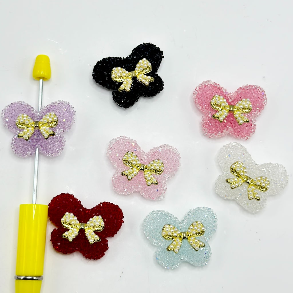 Pearl Bowknot with Cute Butterfly Sugar Acrylic Beads, Random Mix, Around 32*25MM