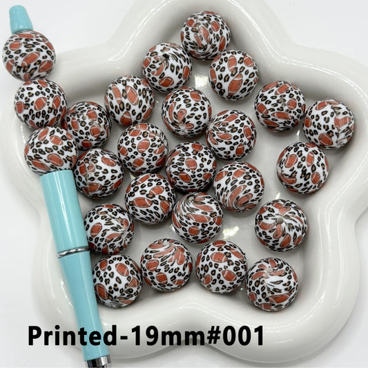 American Football Brown Jaguar Print Round Printed Silicone Beads 19mm, Number 001