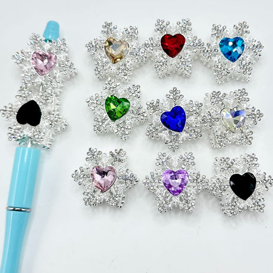 Clear Rhinestones Heart Diamond with Bling Bling Silver Alloy Hollow Snow Flower Flake, Random Mix, Around 31*19MM