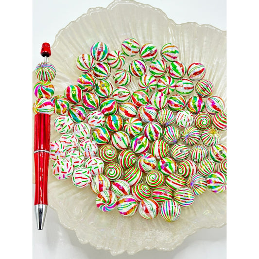 Christmas Series Red Green Stripes White Round UV Finish Acrylic Beads, Random Mix, 16MM