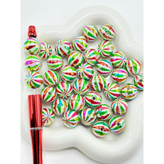 Christmas Series Red Green Stripes White Round UV Finish Acrylic Beads, 16MM