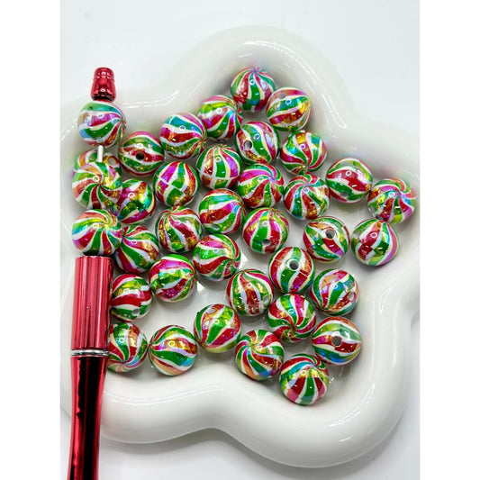Christmas Series Wavy Red Green Stripes White Round UV Finish Acrylic Beads, 16MM