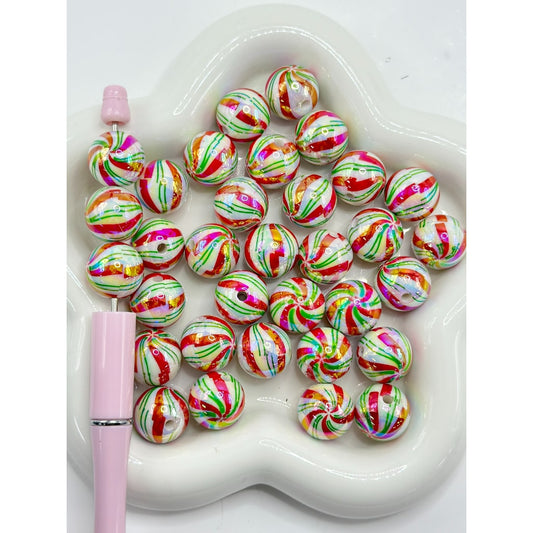 White Round UV Finish Christmas Series Wavy Red Stripes Green Pinstripes Acrylic Beads, 16MM