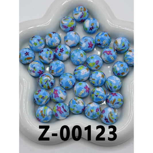 Easter Blue Round Printed Silicone Beads with Colorful Eggs, Flowers, and Rabbits, 15mm, Number Z-00123