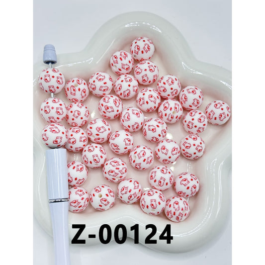 Nurse Doctor Uniform Clothe Red Cross Heart White Round Printed Silicone Beads 15mm, Number Z-00124
