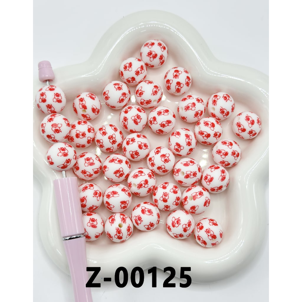 White Stethoscopes Round Red Printed Silicone Beads 15mm, Number Z-00125
