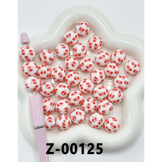 White Stethoscopes Round Red Printed Silicone Beads 15mm, Number Z-00125