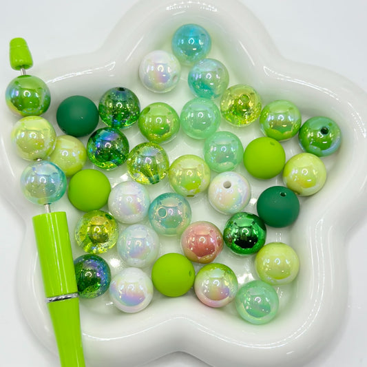 Round Green Acrylic Beads in Many Shades of Green Color, Acrylic Material, Size 16mm