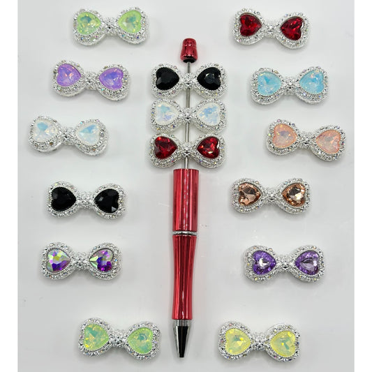 Bling Bling Heart Diamond with Silver Hollow Alloy Bowknot Mini Rhinestones, Random Mix, Around 35*16MM