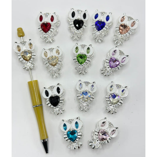 Silver Hollow Alloy Owl with Heart Diamond Mini Bling Bling Cute Clear Rhinestones, Random Mix, Around 34*24MM