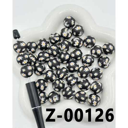 Cute Small Black Flowers Printed Round Silicone Beads 15mm, Number Z-00126