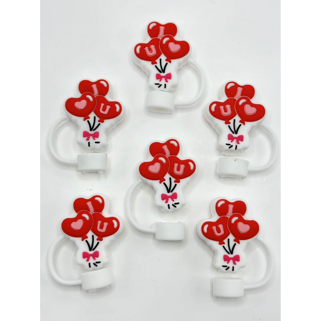 I Love You Valentine's Day Red Heart Balloons Bowknot Food Grade Cup Tumbler Silicone Straw Topper