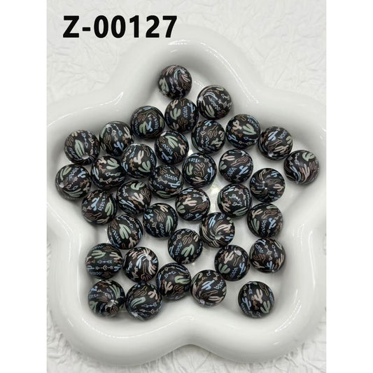 Round Cereus Cactus Abstract Designs Black Printed Silicone Beads 15mm, Number Z-00127